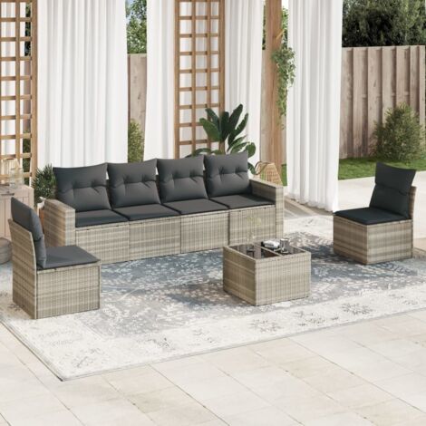Salon de Jardin Gris 7 Pièces en Résine Tressée avec Table Verre Trempé et Coussins Amovibles (1/3)