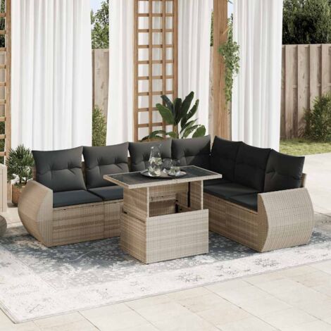 Ensemble Salon de Jardin Gris Clair 7 Places en Résine Tressée, Table à Hauteur Réglable avec Sièges de Rangement et Coussins Lavables, Meuble d'Extérieur Durable (1/5)
