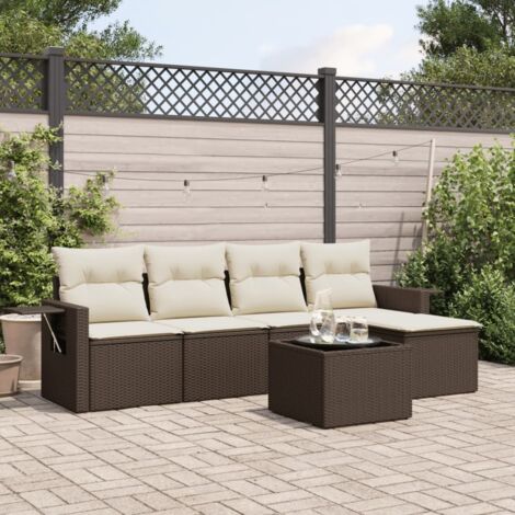 Ensemble de Jardin Résine Tressée Marron 6 Pièces avec Coussins, Table et Rangements (1/3)