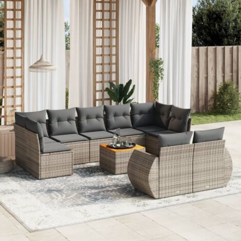 Ensemble de salon de jardin modulaire 10 places gris résine tressée et bois d'acacia avec coussins et rangement (1/3)