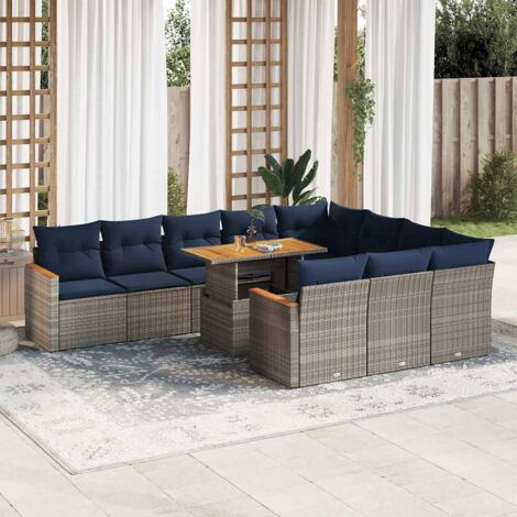 Salon de jardin 11 pièces résine tressée gris avec coussins bleu marine et table réglable (1/5)