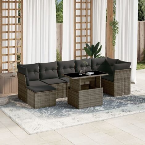 Ensemble canapé 8 places jardin modulaire en résine tressée grise avec coussins lavables et table réglable (1/5)