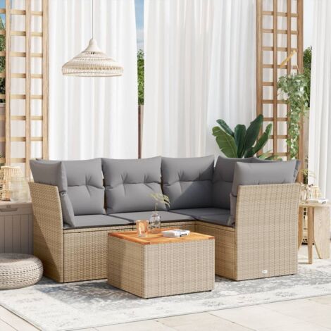 Ensemble Salon Jardin Modulaire 4 Places en Résine Tressée Beige avec Coussins Gris, Table en Acacia et Dossier Intégré (1/3)