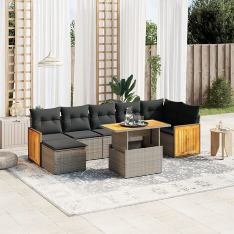 Ensemble salon jardin 8 pièces en résine tressée grise avec coussins lavables, table à hauteur réglable, modulaire (1/3)