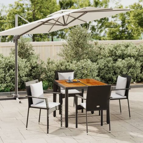 Table Jardin Extérieur Set Repas 5 Pièces Noir Résine Tressée Acier + Table Acacia 90x90cm (1/5)