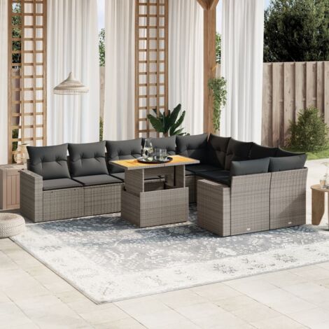 Ensemble Salon de Jardin Gris en Résine Tressée, 10 Pièces, Table Réglable et Coussins Lavables, Modulaire (1/3)