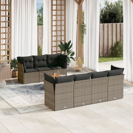 [Set de Jardin 8 Pièces] avec Coussins Gris en Résine Tressée Polyrotin - Table Acacia, Fauteuils avec Rangement - Salon d'Extérieur Modulaire (1/5)