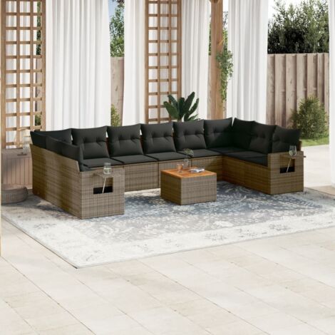 Salon de Jardin Gris 11 Pièces en Résine Tressée avec Coussins et Table en Acacia - Ensemble Modulaire de Meubles d'Extérieur (1/3)