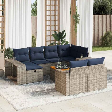Ensemble Salon de Jardin 11 Pièces Résine Tressée Gris avec 2 Étagères de Rangement et Coussins Bleu Marine (1/5)