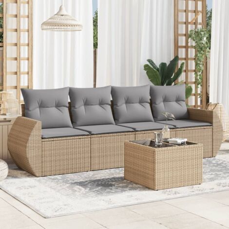 Salon de jardin 5 places en résine tressée beige avec table en verre et coussins gris, rangement intégré. (1/3)