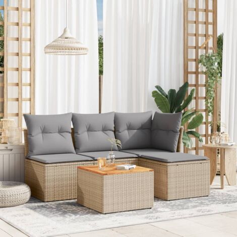 Ensemble Salon de Jardin 5 Pièces en Résine Tressée Beige avec Coussins Gris, Table Acacia et Repose-Pieds (1/3)