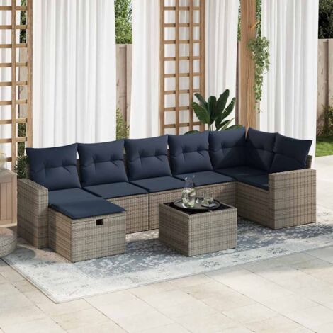 Ensemble de jardin 8 pièces en résine tressée grise avec coussins bleu marine, table et rangement (1/5)