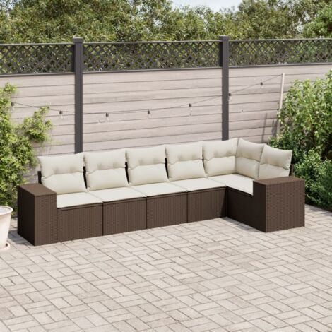Ensemble salon de jardin modulaire en résine tressée marron avec rangement, 6 pièces incluant coussins crème amovibles. (1/3)