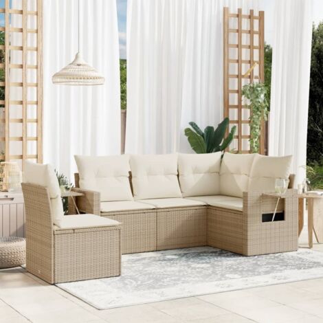 Canapé de Jardin 5 Places avec Stockage Intégré - Ensemble Modulaire en Résine Tressée Beige et Coussins Lavables - Salon d'Extérieur (1/3)