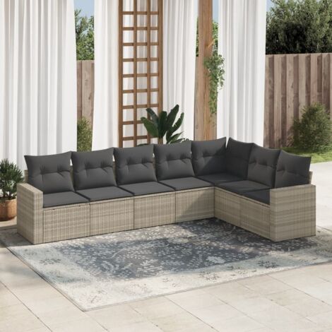 Salon de jardin 7 places en résine tressée gris clair avec rangement intégré et coussins amovibles (1/3)
