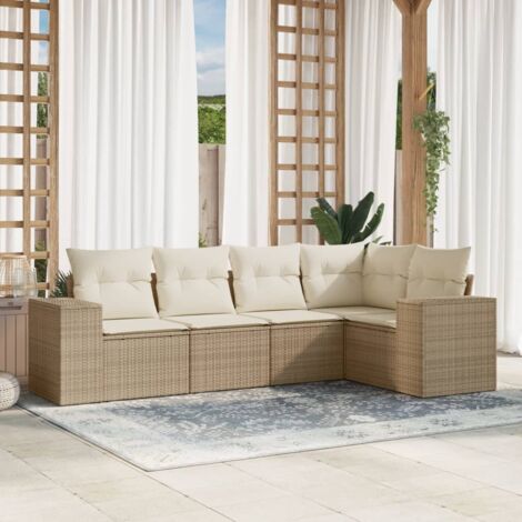 Salon de jardin 5 places en résine tressée beige avec coussins et rangement (1/3)