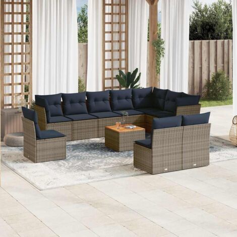 Canapé Jardin 11 pièces Modulable Gris Résine Tressée avec Coussins Navy et Table Acacia, 3 Coins, 7 Centraux, Rangement sous Assise, 110kg/place (1/5)