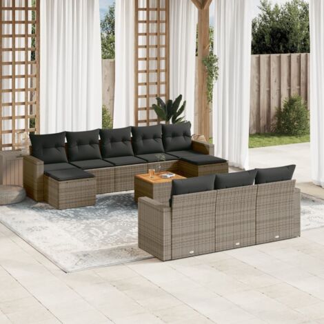 Ensemble Salon Jardin 11 Pièces Résine Tressée Gris avec Coussins, Table Acacia et Rangement (1/5)