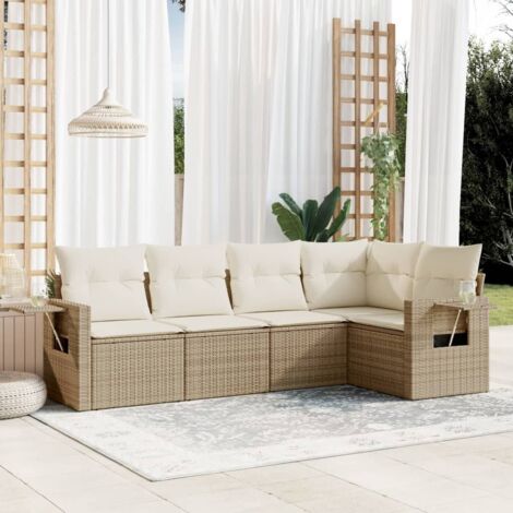 Ensemble de salon jardin modulaire 5 places résine tressée beige avec coussins lavables, rangement intégré et table d'appoint pliable (1/3)