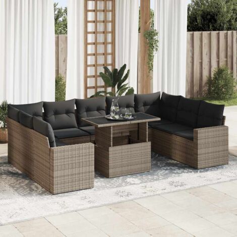 Ensemble Salon de Jardin 10 Places en Résine Tressée Gris avec Table et Coussins Lavables (1/5)