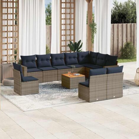Ensemble Salon Jardin Modulable 11 Pièces Gris Résine Tressée avec Coussins Bleu Marine (1/5)