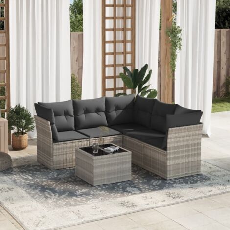 Salon de jardin 6 places en résine tressée gris clair avec coussins et table en verre trempé (1/3)