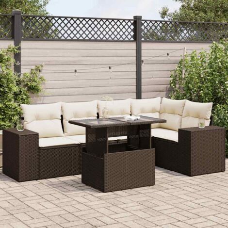 Salon de jardin 6 places en résine tressée marron avec table réglable, coussins lavables et rangement intégré (1/5)