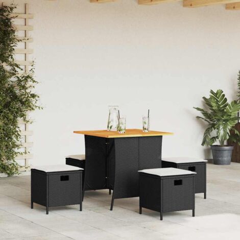 Ensemble de Jardin 5 Pièces Noir - Table et Tabourets en Résine Tressée avec Coussins Blanc Crème (1/5)