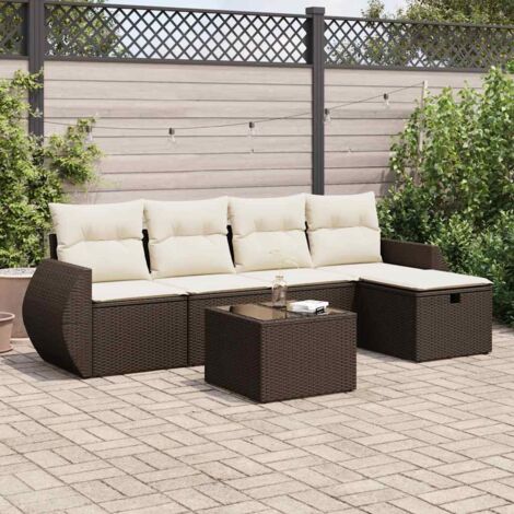 Ensemble de salon de jardin en résine tressée marron avec 6 coussins crème - Canapé modulaire, table et repose-pieds avec rangement étanche (1/5)