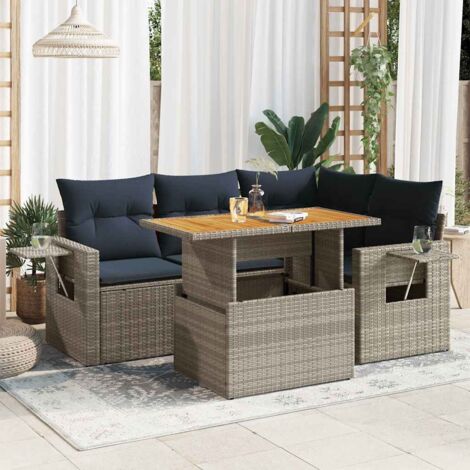 Ensemble de salon de jardin 5 pièces en résine tressée grise avec coussins marins, design modulaire avec rangement (1/5)