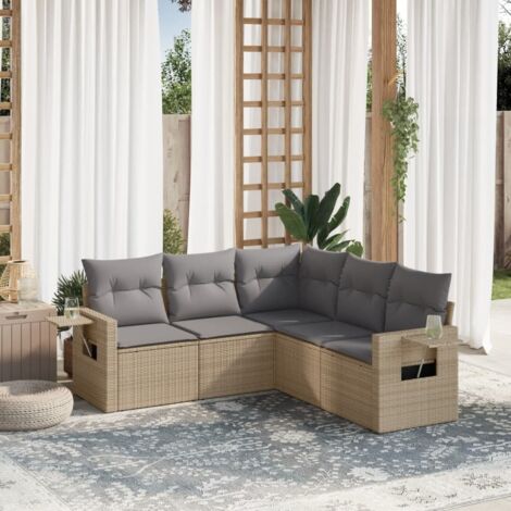 Salon de Jardin en Résine Tressée Beige avec 5 Coussins, Confort Modulaire pour Terrasse et Patio, Ensemble Complet avec Tables d'Appoint (1/5)