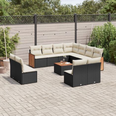 Ensemble de jardin 12 pièces en résine tressée noir avec table en acacia et coussins lavables (1/3)
