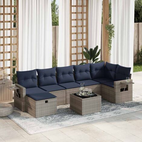 Ensemble de salon de jardin 8 places en résine tressée grise avec coussins bleu marine, table et repose-pieds, rangement intégré (1/5)