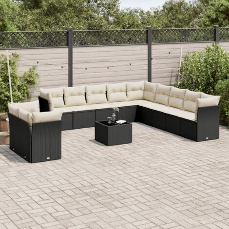 Ensemble de Jardin 12 Pièces Noir Résine Tressée Modulaire avec Coussins Blanc Crème et Table en Verre Trempé (1/5)