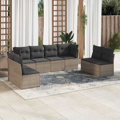 Ensemble de Salon Jardin Modulaire 8 Pièces Résine Tressée Gris avec Coussins et Rangement (1/3)