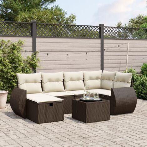 Ensemble Salon Jardin 7 Places Marron Résine Tressée avec Coussins Blancs Verre Trempé (1/4)