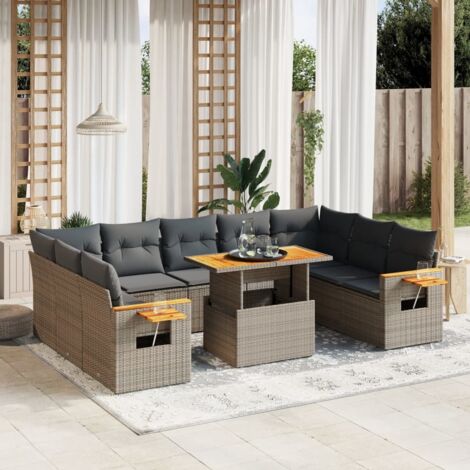 [Salon de Jardin Modulaire 11 Pièces] Canapé Résine Tressée Gris avec Table Ajustable et Coussins Lavables - Meuble Jardin Extérieur (1/3)