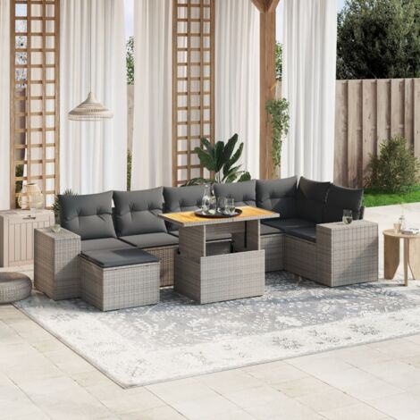 Ensemble canapé jardin 8 places modulable résine tressée gris Table extensible acacia 7 coussins amovibles (1/3)