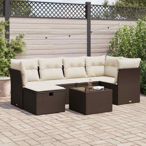Salon de jardin 7 places en résine tressée marron avec table, coussins et rangement intégré, 110kg par siège, modulable, verre trempé (1/5)