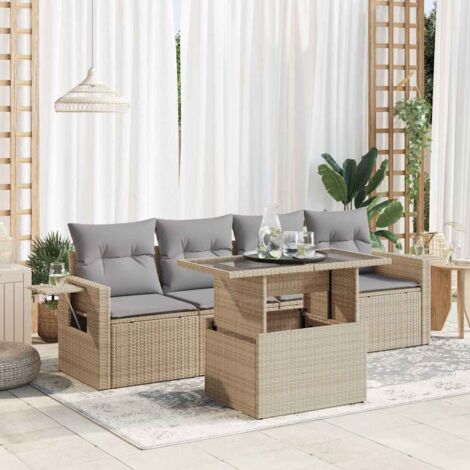 Salon de Jardin 5 Places en Résine Tressée Beige avec Table Relevable et Coussins Gris (1/5)
