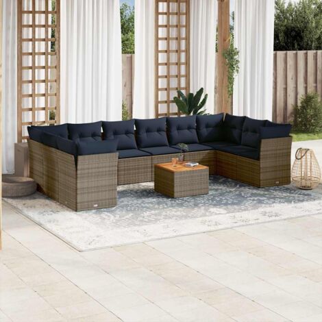 Ensemble de jardin 11 places en résine tressée grise avec table en acacia et coussins bleu marine - Canapé de terrasse modulaire à rangement (1/5)