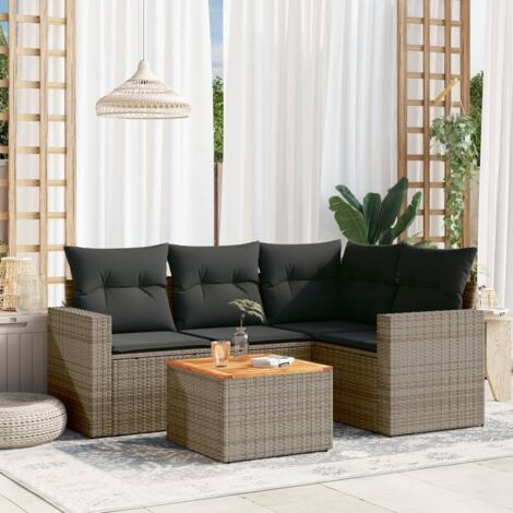 Ensemble Salon de Jardin 5 Pièces Gris Résine Tressée, Canapés d'Angle et Central avec Accoudoirs, Table en Acacia et Coussins Amovibles (1/3)