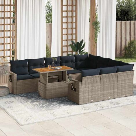 Salon de jardin en résine tressée gris avec coussins bleu marine 11 pièces incluant table et rangements amovibles (1/5)