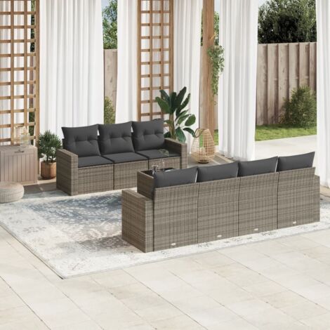 Ensemble de Jardin 8 Pièces Gris Résine Tressée avec Table Verre Trempé et Coussins Lavables (1/3)