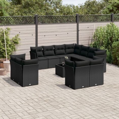 Salon de Jardin 12 Pièces en Résine Tressée Noir, Ensemble Modulaire avec Table en Verre et Coussins Lavables - Coloris Noir (1/3)