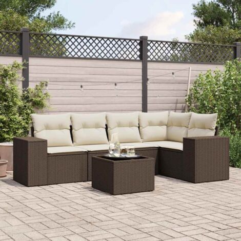 Salon de Jardin en Résine Tressée Marron avec Coussins (6 Pièces, Ensemble Modulaire, Verre Trempé) (1/5)