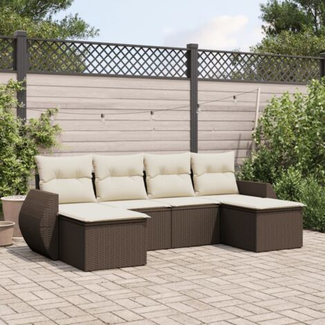 Ensemble salon de jardin en résine tressée marron avec 6 coussins crème - Canapé modulaire 6 places (1/5)