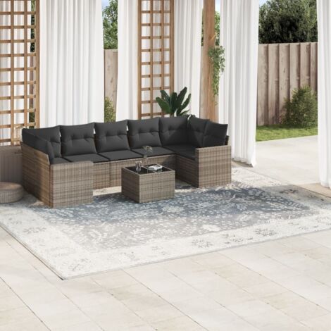 Ensemble salon de jardin 8 places modulaire gris, table verre trempé, résine tressée avec coussins amovibles (1/3)