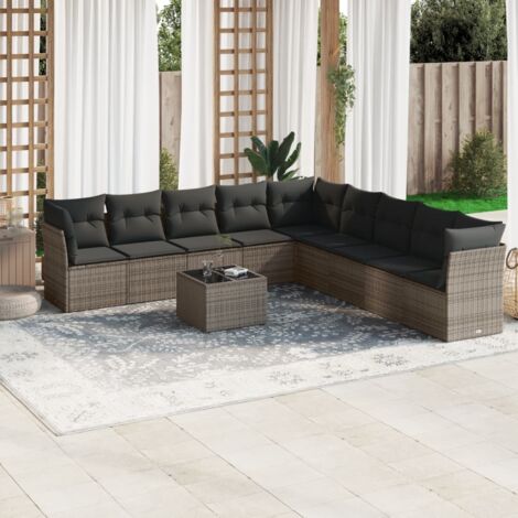 Ensemble canapé jardin modulaire gris 10 places avec coussins amovibles et rangement résine tressée (1/3)