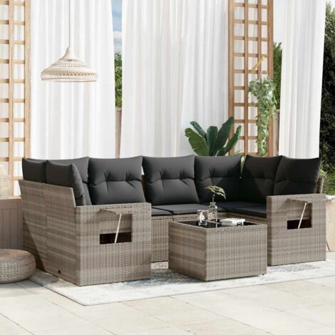Salon de Jardin Modulaire 7 Places Gris Résine Tressée + Table Verre Trempé avec Coussins Confortables (1/5)